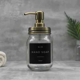Mason Jar Glass Soap Dispenser Brass Lid, Refillable, Waterproof Label - thumbnail 3