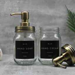 Mason Jar Glass Soap Dispenser Brass Lid, Refillable, Waterproof Label - thumbnail 2