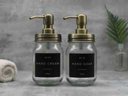 Mason Jar Glass Soap Dispenser Brass Lid, Refillable, Waterproof Label - thumbnail 1