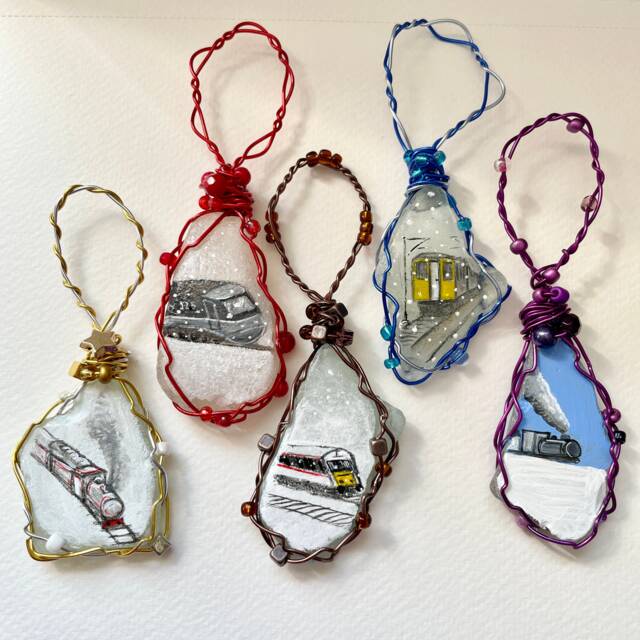 Winter Trains - Hand Painted Sea Glass Christmas Tree Decorations Set Of 5 Snowfall - image 1