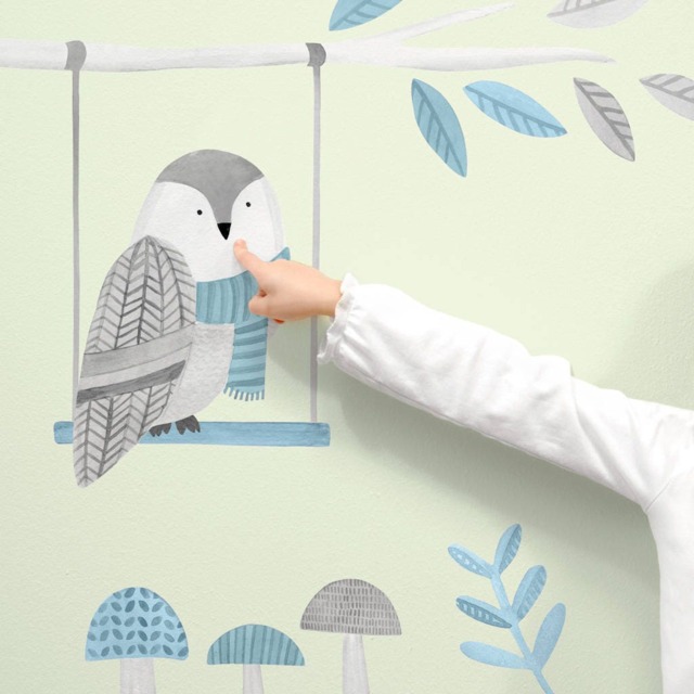 Watchful Owl - Fabric Wall Decal Woodland Blue Collection Mej - image 1