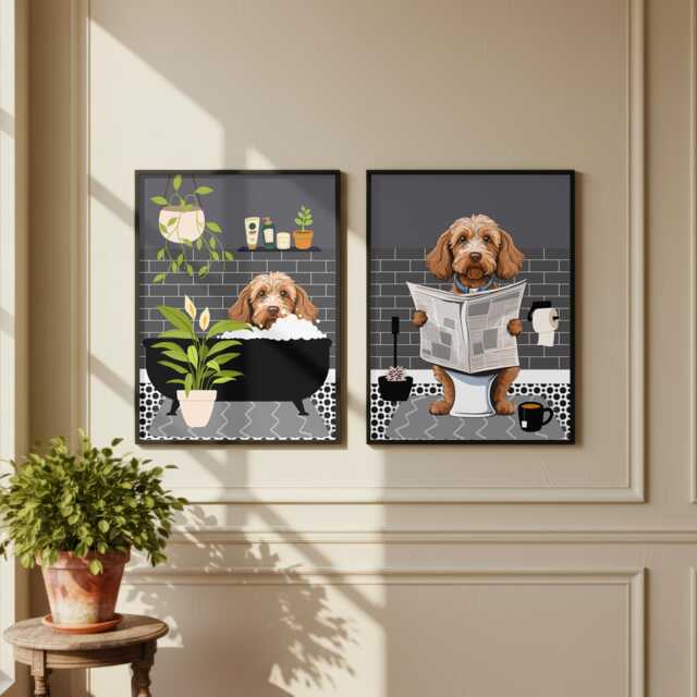 Cockapoo Bathroom Prints, Bath & Toilet Art, Set Of Two Grey Prints. Funny Pet Portrait Glossy - image 1