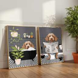 Cockapoo Bathroom Prints, Bath & Toilet Art, Set Of Two Grey Prints. Funny Pet Portrait Glossy - thumbnail 2