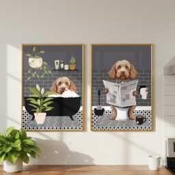 Cockapoo Bathroom Prints, Bath & Toilet Art, Set Of Two Grey Prints. Funny Pet Portrait Glossy - thumbnail 3