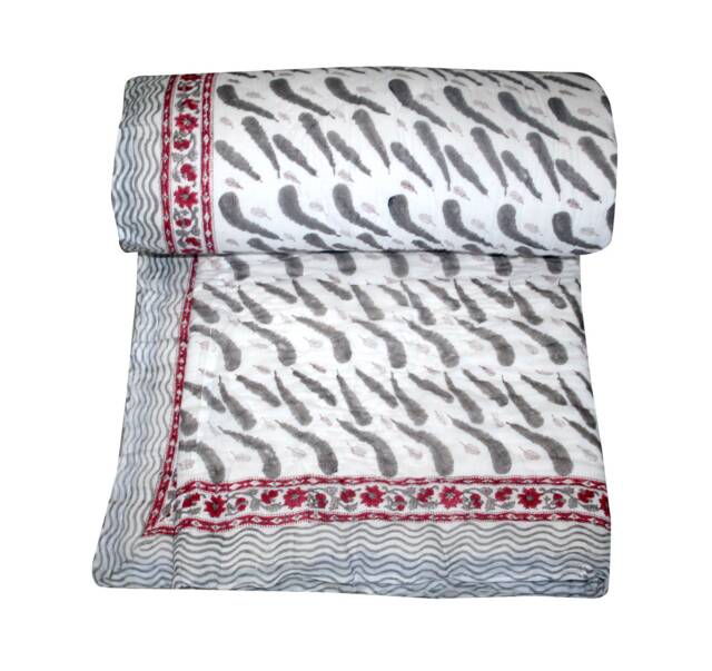 Handmade Floral Block Print Kantha Quilt King Size Indian Throw - 90x108 Hand Quilt - image 1