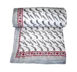 Handmade Floral Block Print Kantha Quilt King Size Indian Throw - 90x108 Hand Quilt - thumbnail 1