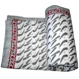 Handmade Floral Block Print Kantha Quilt King Size Indian Throw - 90x108 Hand Quilt - thumbnail 2