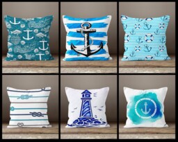 Nautical Cushion Cover-Blue Anchor Pillow Case-Rope Sea Case-Coastal Cover-Gift For Her Cushion-Handmade Material - thumbnail 1