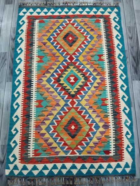 Multicolour Rug, Handmade Artisan Afghan Turkish Scandinavian Navajo Bohemian Flatweave Wool Kilim 154x100 cm - image 1