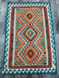 Multicolour Rug, Handmade Artisan Afghan Turkish Scandinavian Navajo Bohemian Flatweave Wool Kilim 154x100 cm - thumbnail 1