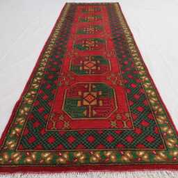 2'6x9'7 Ft Runner Rug Turkmen Handmade Plush Wool Rug, Afghan Oriental Red Green Terracotta Tribal Bukhara Hallway - thumbnail 2