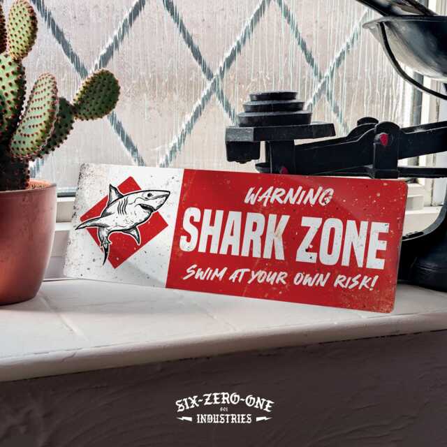 Shark Zone Metal Sign Horizontal - Vintage Worn Rusty Look Print Warning Fish Tank Aquarium Bedroom - image 1