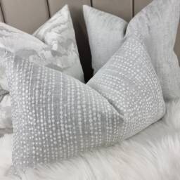Serenity Elegant Silver White Striped Embroidered Rectangle Handmade Cushion Cover Decorative Throw Pillow For Chair Sofa & Bed Pillow Cover - thumbnail 1