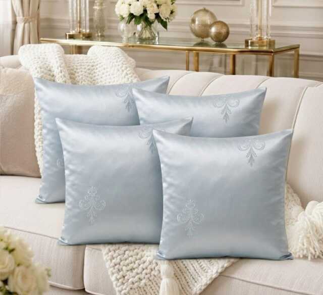 Set Of 4 Duck Egg Blue French Embroidered Cushion Covers - 18x18 - image 1