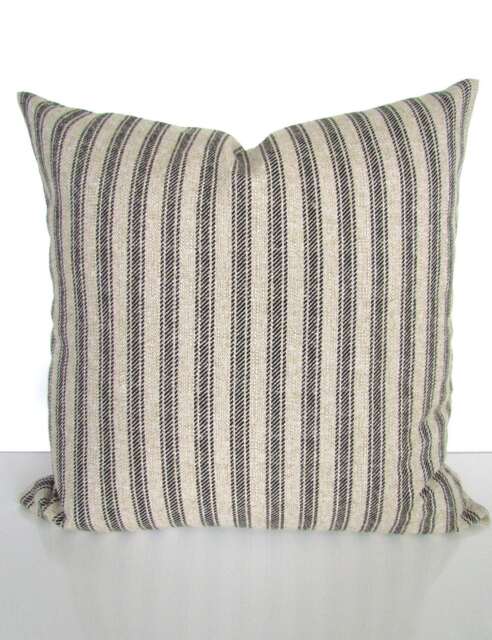 Black Ticking Stripe Pillow Black Throw Covers & Tan Ticking Stripe Pillow Striped 16 18 20x20 All Sizes Taupe Pillows - image 1