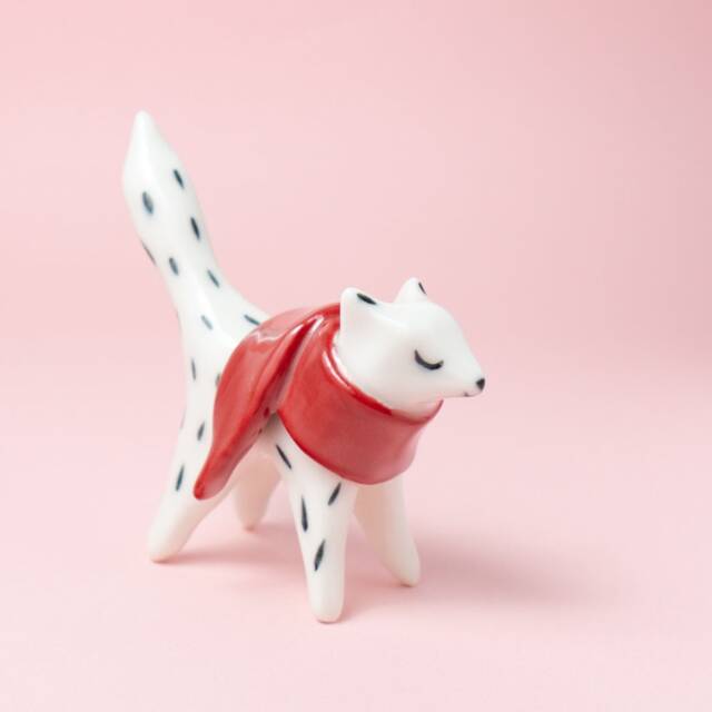 Porcelain Wolf Figurine White Ceramic Animal With Red Scarf - image 1