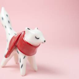 Porcelain Wolf Figurine White Ceramic Animal With Red Scarf - thumbnail 2