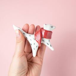 Porcelain Wolf Figurine White Ceramic Animal With Red Scarf - thumbnail 4
