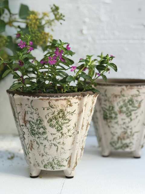 Dutch Pot On Feet - White & Green Floral Pattern Flower Weathered Shabby Chic Rustic Plant Cover Succulent Planter