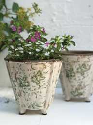 Dutch Pot On Feet - White & Green Floral Pattern Flower Weathered Shabby Chic Rustic Plant Cover Succulent Planter