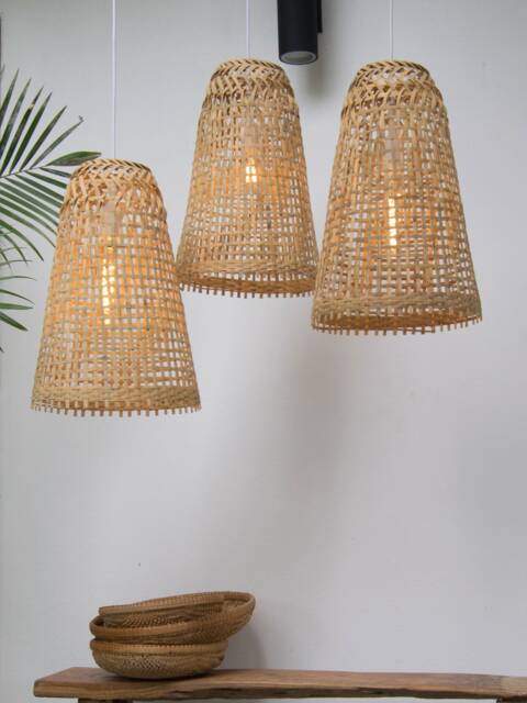 3 Bamboo Pendant Lights - Natural Woven Lampshade Tall Cone Shape - image 1