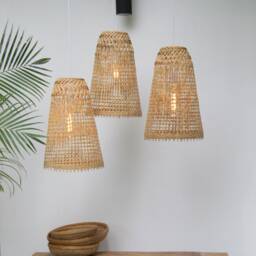 3 Bamboo Pendant Lights - Natural Woven Lampshade Tall Cone Shape - thumbnail 2