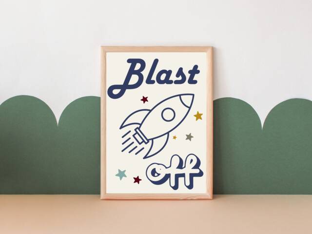 Retro Blast Off Rocket & Space Print For Child's Room Or Playroom - Print Only - image 1
