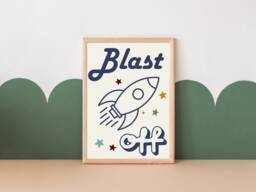 Retro Blast Off Rocket & Space Print For Child's Room Or Playroom - Print Only - thumbnail 1
