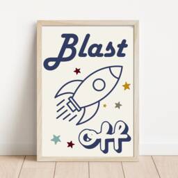 Retro Blast Off Rocket & Space Print For Child's Room Or Playroom - Print Only - thumbnail 3