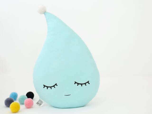 Mint Raindrop Cushion With Pom For Nursery Decor, Baby Shower Gift Idea Gender Neutral Dreamy Pillow Infant Room Newborn Bed Kids Teepee - image 1