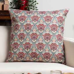 Palace Courtyard Tapestry Extra-Large Cushion in Claret Red. Floral Medallions & Botanical Vines Green, Orange & Cream. 23X23