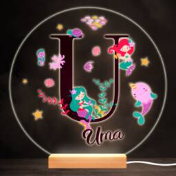 Sealife With Mermaids Alphabet Letter U Round Personalised Gift Lamp Night Light - Bedroom - thumbnail 1