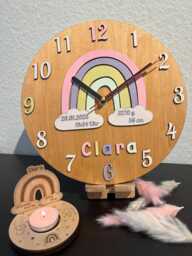 Wooden Wall Clock With Rainbow Names - Nursery Decoration Unique Wooden Handmade Baby Diy Personalized Baptism Birth - thumbnail 1