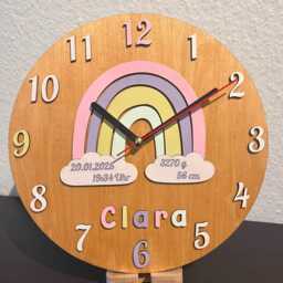 Wooden Wall Clock With Rainbow Names - Nursery Decoration Unique Wooden Handmade Baby Diy Personalized Baptism Birth - thumbnail 2