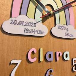 Wooden Wall Clock With Rainbow Names - Nursery Decoration Unique Wooden Handmade Baby Diy Personalized Baptism Birth - thumbnail 3
