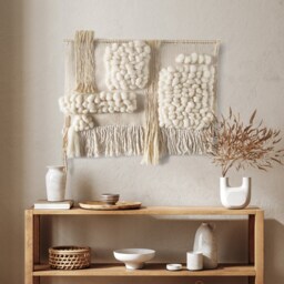 Nature Large Woven Wall Hanging Made Of Wool & Cotton, Modern Rustic Beige Tapestry For Above Bed Decor, Wabi Sabi Art - thumbnail 2