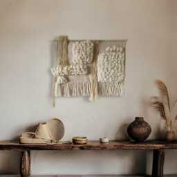 Nature Large Woven Wall Hanging Made Of Wool & Cotton, Modern Rustic Beige Tapestry For Above Bed Decor, Wabi Sabi Art - thumbnail 3