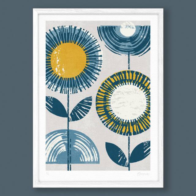 Retro Flower Print, Ochre Yellow & Navy Blue, Mid Century Art, Scandinavian Blue Yellow & Grey, Mustard Yellow, A4, A3, Unframed - image 1