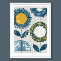 Retro Flower Print, Ochre Yellow & Navy Blue, Mid Century Art, Scandinavian Blue Yellow & Grey, Mustard Yellow, A4, A3, Unframed - thumbnail 1