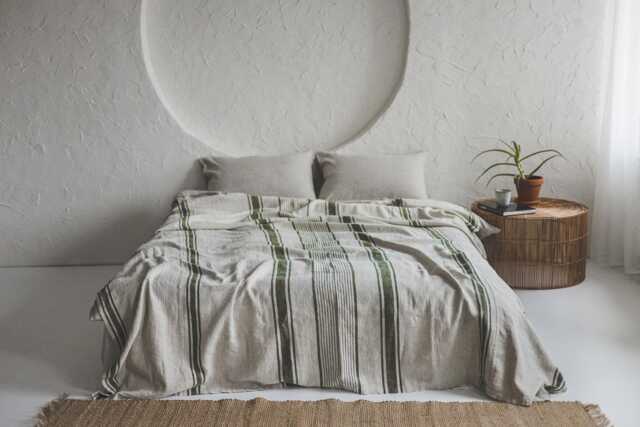 French Linen Bedspread With Green Stripes - Handmade Natural Blanket, Farmhouse Bedding, Breathable Bed Cover, Rustic Style Decor - image 1