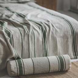 French Linen Bedspread With Green Stripes - Handmade Natural Blanket, Farmhouse Bedding, Breathable Bed Cover, Rustic Style Decor - thumbnail 2