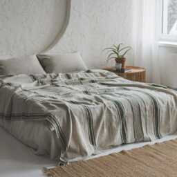 French Linen Bedspread With Green Stripes - Handmade Natural Blanket, Farmhouse Bedding, Breathable Bed Cover, Rustic Style Decor - thumbnail 3