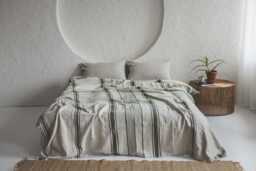 French Linen Bedspread With Green Stripes - Handmade Natural Blanket, Farmhouse Bedding, Breathable Bed Cover, Rustic Style Decor