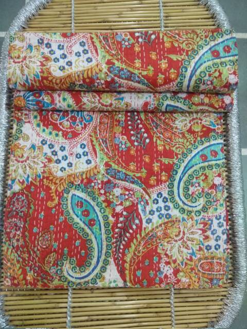 "Red Paisley Print Kantha Quilt Lightweight Cotton Bedspread - 90""x108" - image 1
