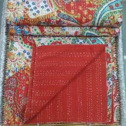 "Red Paisley Print Kantha Quilt Lightweight Cotton Bedspread - 90""x108" - thumbnail 3