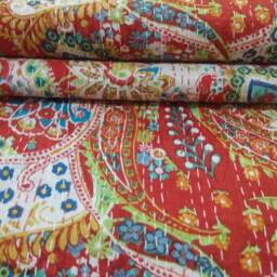 "Red Paisley Print Kantha Quilt Lightweight Cotton Bedspread - 90""x108" - thumbnail 2