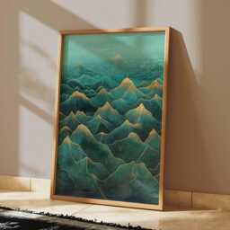Japanese Mountain Waves Poster Teal Green Gold Asian Landscape Wall Art Abstract Nature Print Vertical Decor Modern Home - thumbnail 2