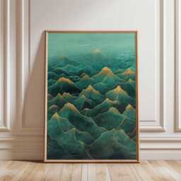 Japanese Mountain Waves Poster Teal Green Gold Asian Landscape Wall Art Abstract Nature Print Vertical Decor Modern Home