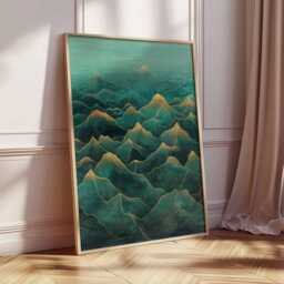 Japanese Mountain Waves Poster Teal Green Gold Asian Landscape Wall Art Abstract Nature Print Vertical Decor Modern Home - thumbnail 4