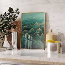 Japanese Mountain Waves Poster Teal Green Gold Asian Landscape Wall Art Abstract Nature Print Vertical Decor Modern Home - thumbnail 3